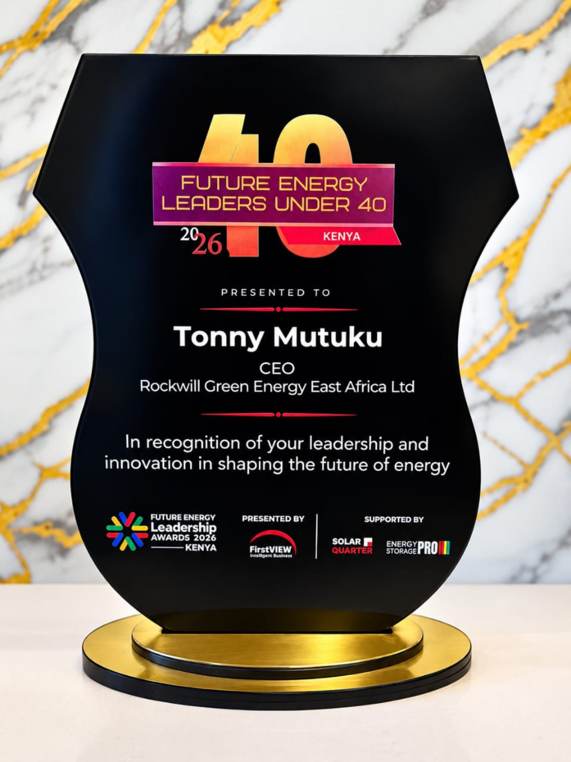 Future Energy Leaders Under 40 Kenya 2026 plaque presented to Tonny Mutuku, CEO of Rockwill Green Energy East Africa Ltd